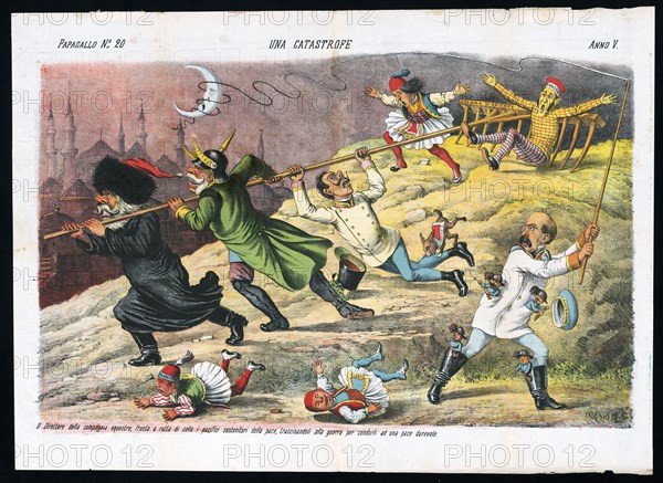 Una catastrofe - Italian political cartoon ca. 1877 by Grossi