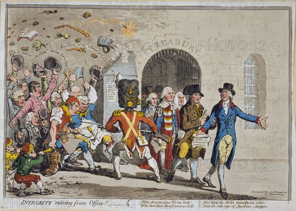 Integrity retiring from Office! ca. 1801, James Gillray, engraver