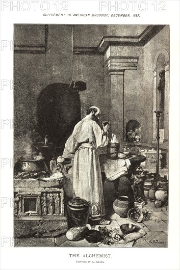 The alchemist, a tall, balding man in a robe, is shown standing in a high-ceilinged room, full of jars, vases, urns, and other curiosities. ca. 1887