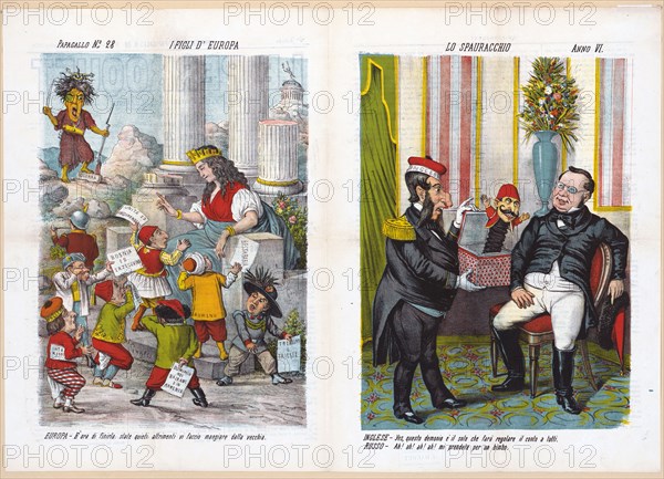 1800s Italian Political Cartoon by Agusto Grossi - I figli d'Europa Lo spauracchio ca. 1878
