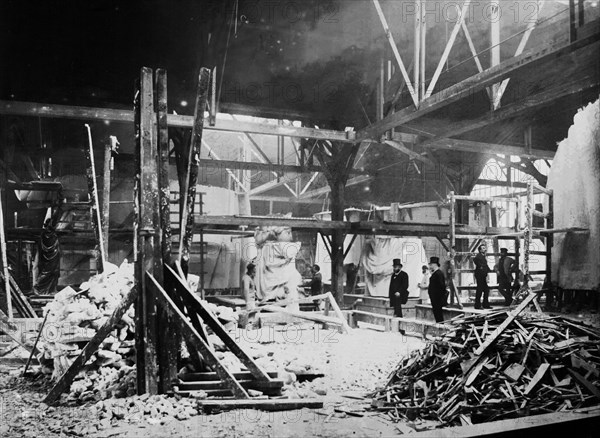 View of the workshop, with models of the Statue of Liberty in the background ca. 1883