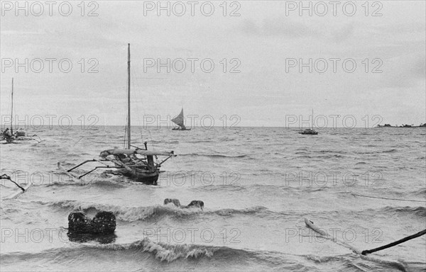 Beach with fishing boats in Indonesia, Dutch East Indies ca. 1947