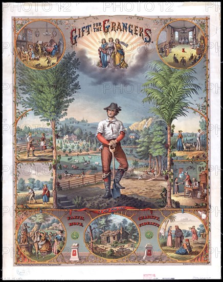 Promotional print for Grange members showing scenes of farming and farm life ca. 1873