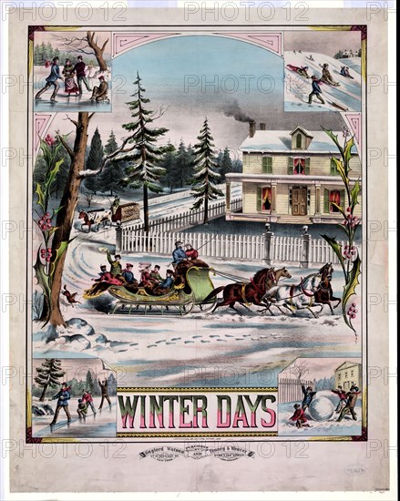 Print shows a winter scene with a large sleigh drawn by four horses, with several men and women riding past a house with a white picket fence and smoke coming out of a chimney on a snowy winter day. ca. 1881