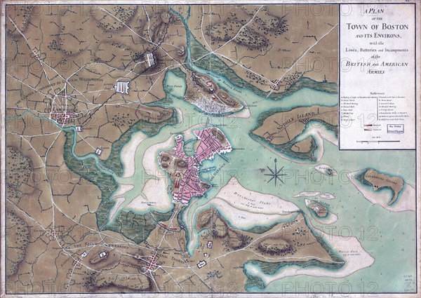 Vintage Maps / Antique Maps - A plan of the town of Boston and its environs, with the lines, batteries, and incampments of the British and American armies ca. 1776