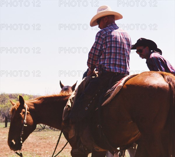 Authentic American Cowboys: 1990s Cowboys in the American west during spring branding time on a ranch near Clarendon Texas ca. 1998.