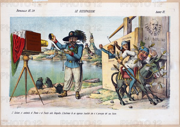 1800s Italian Political Cartoon by Agusto Grossi - Le occupazioni ca. 1878