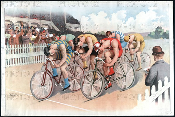 Bicycle race scene chromolithograph ca. 1895