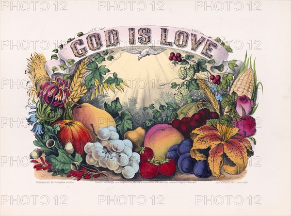 Dove, hovering in sunlight, over flowers, fruit, and grain underneath the phrase God is Love ca. 1874