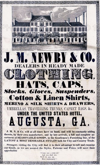 Print shows an advertisement for J.M. Newby & Co., a clothing dealer operating at the United States Hotel in Augusta, Georgia, with view of the hotel and additional text about the goods they offer. ca. 1850s