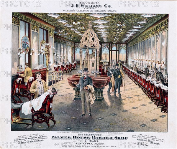 The celebrated Palmer House barber shop at Chicago. ca. 1887