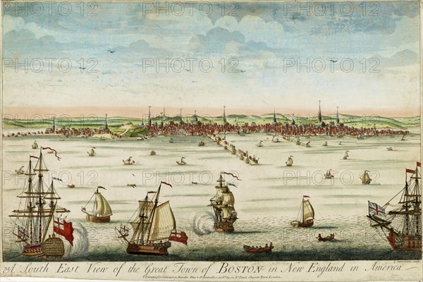 A south east view of the great town of Boston in New England in America ca. 1730-1760