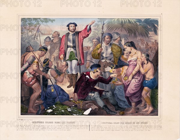 Christophe Colomb parmi les Indiens / Christopher Columbus among the Indians (printed 1850-1900)