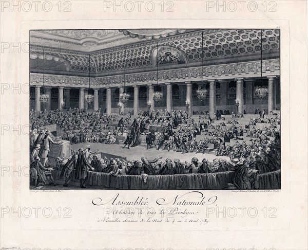 National Assembly, abandonment of all privileges, at Versailles during the night of August 4th to 5th, 1789 / Assemblée nationale, abandon de tous les privileges, à Versailles sceance de la nuit du 4 au 5 aout 1789