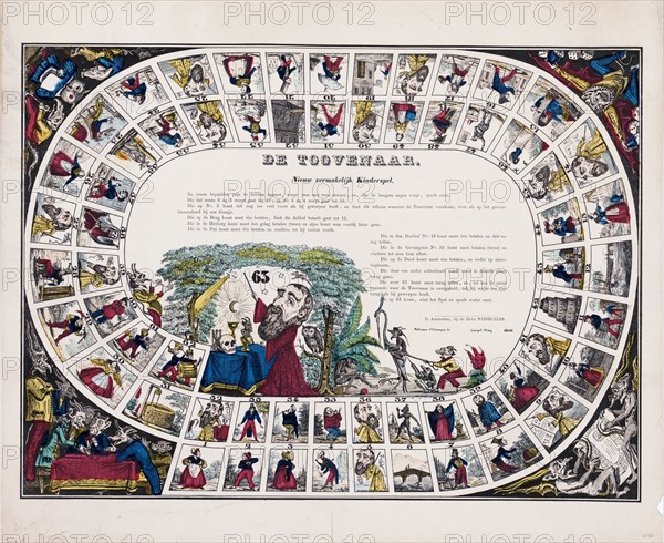 Vintage Dutch game board - De toovenaar, nieuw vermakelijk kinderspel / te Amsterdam, bij de Erve Wijsmuller ca. 1850-1860