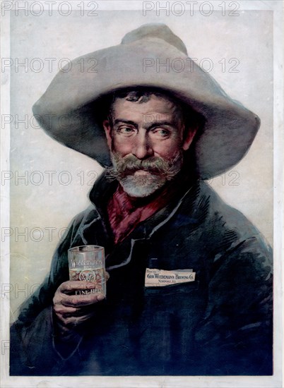 Tradecard for Wiedemann Beer: old cowboy holding glass of Wiedemann's