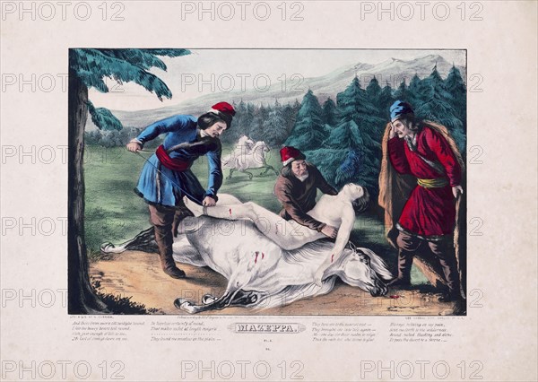 Print shows Ivan Mazepa, naked, bound to the back of a wild horse as punishment for his affair with Countess Theresa, wife of a count who learns of the affair and settles upon this form of punishment for Mazepa. ca. 1846