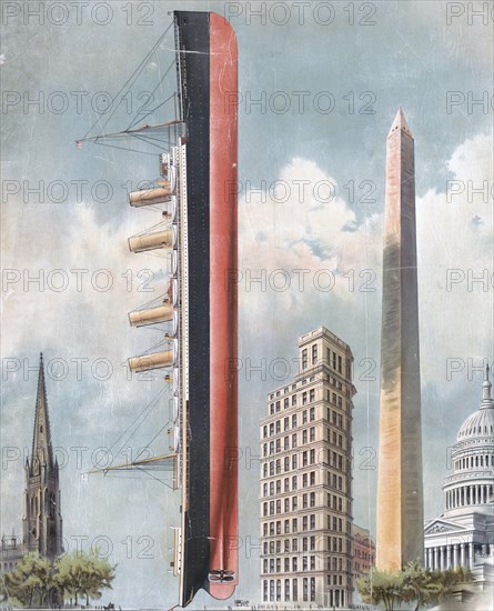 Size comparison of ocean liner 'Kaiser Wilhelm der Grosse' to Trinity Church, the St. Paul Building in New York, the Washington Monument, and the U.S. Capitol building in Washington, D.C. ca. 1898 to 1900