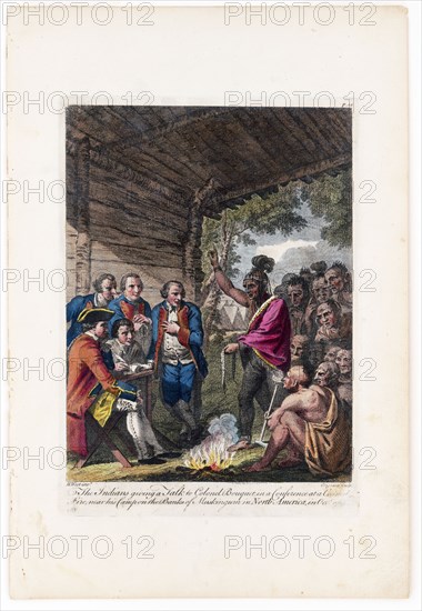 The Indians giving a talk to Colonel Bouquet in a conference at a council fire, near his camp on the banks of Muskingum in North America in Oct. 1764
