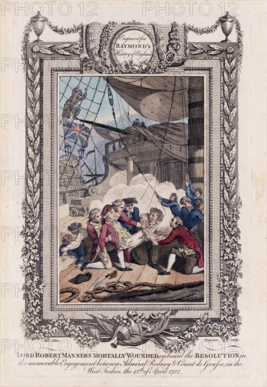 Lord Robert Manners mortally wounded, on board the Resolution - British Naval Officer