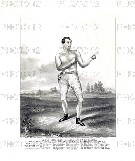 Tom Sayers, champion of England born at Pimlico near Brighton, Sussex 1826, height 5 ft. 8 inches, lowest feichting weight 10 st. 10 lbs ca. 1860