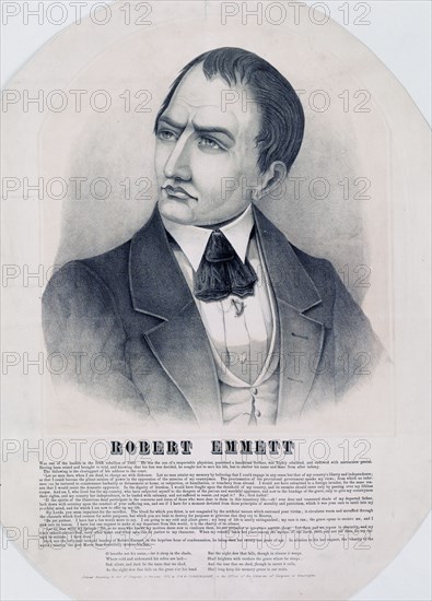 Print shows Robert Emmett, head-and-shoulders portrait, facing left. Includes excerpts from his address to the court during his trial for treason after the rebellion of 1803; also eight lines of verse from a poem by Thomas Moore. ca. 1870