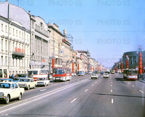 Traffic on a main road in a large city in Russia in the late 1970s - city traffic in the Soviet Union 1978
