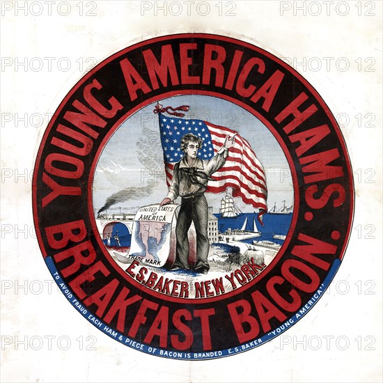 Young America hams and breakfast bacon, E.S. Baker Advertisement ca. 1850-1880