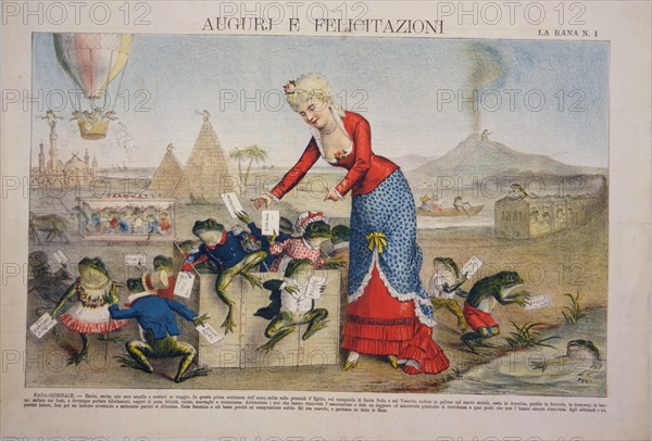 Auguri e felicitazioni -A humorous print from an Italian illustrated periodical - Illus. possibly from La rana. Giornale umoristico con caricature e disegni a colori