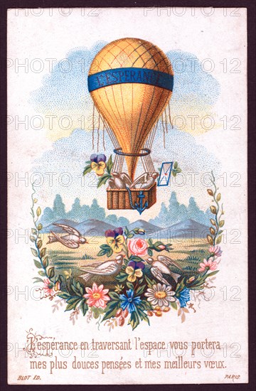balloon L'Espérance flying over a landscape with two birds carrying a flower and a letter as passengers. 1860-1900