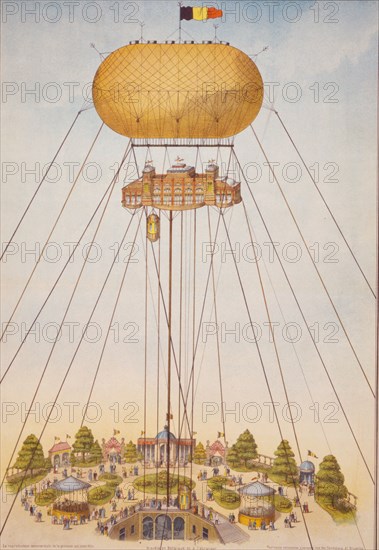 Chateau aérien. Ballon captif à cloisons étanches, système Tobiansky. Exposition universelle 1894. -Belgian poster shows an air station suspended by a captive balloon