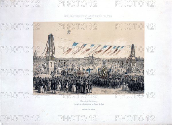 distant balloon ascending above the Champ de Mars in Paris, France, on May 21, 1848, in a ceremony commemorating the French Republic. -Fête de la Concorde, arrivée des co