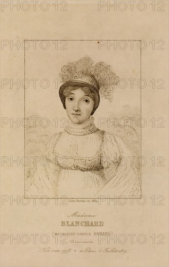 Half-length portrait of French balloonist, Marie-Madeleine-Sophie Armand Blanchard. 1778-1819