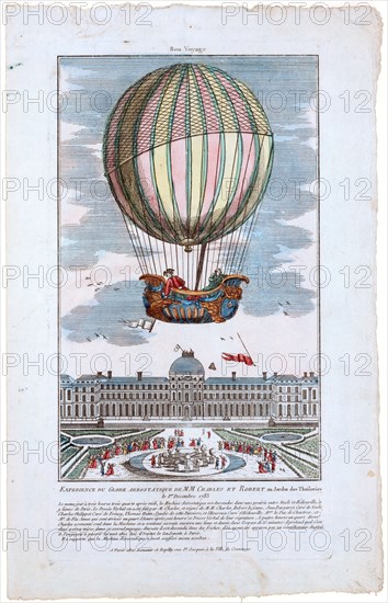 Jacques Alexandre César Charles and Marie-Noël Robert riding in the gondola of a balloon ascending from the Tuileries Garden, Paris, France, December 1, 1783 first hydro