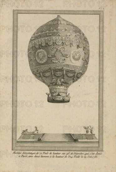 ornate balloon used by Jean François Pilâtre de Rozier and Girond de Villete in a captive balloon ascent from Paris, October 19, 1783, reaching an altitude of 330 feet