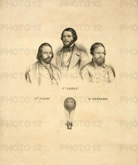 Portraits of three balloonists Ippolito Caffi, Francesco Arban, and G. Seiffard, with a small view of them in an ascending balloon 1847
