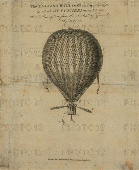 Vincent Lunardi from the Moorfields Artillery Grounds, London, Sept 15, 1784; Lunardi's first ascent and the first balloon ascent in England. He experimented with oars