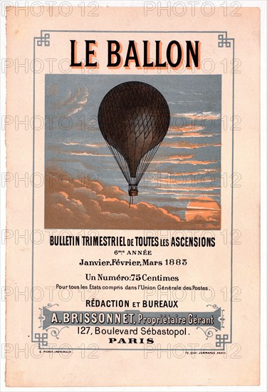 Advertisement for the French aeronautical journal Le ballon shows a balloon carrying two passengers flying in the clouds. Clipping from a book or periodical 1883