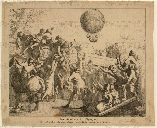 Aux amateurs de physique - French cartoon shows people outside Tuileries Garden wall in Paris to view the first balloon ascension of Jacques Charles + Marie-Noël Robert 1783