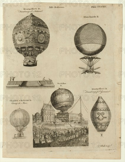 Book illustration shows five early balloon ascensions in France ca 1784