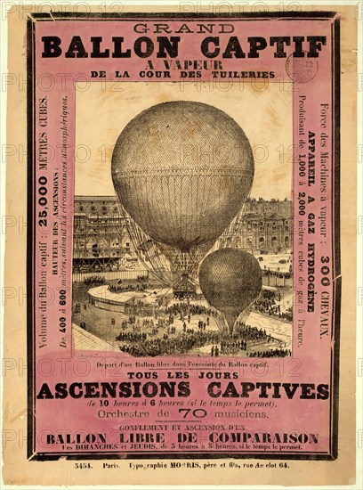 Broadside announcing the ascension of Henri Giffard's giant captive balloon from the courtyard of the Tuileries, Paris, probably during the Paris Exposition of 1878.