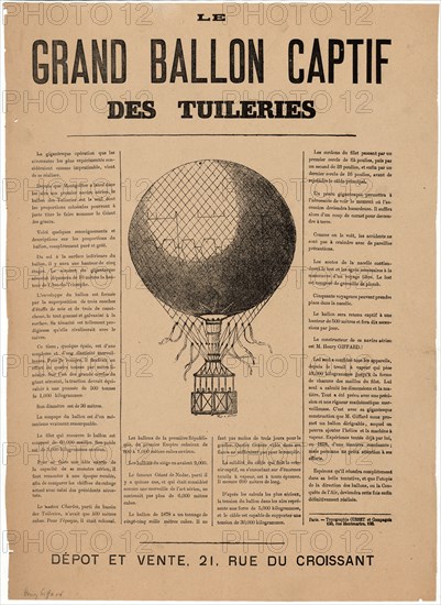 Broadside announcing Henri Giffard's captive balloon ascension in the courtyard of the Tuileries, Paris.