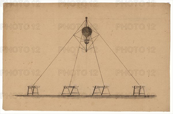 Design drawing for system to raise and lower captive balloon, controlled by four ropes forming a pyramidal shape and operated by winches on the ground below ca 1820-1870