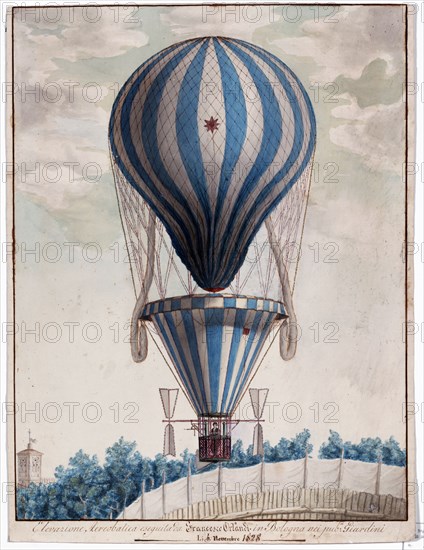 Drawing shows balloon associated with Francesco Orlandi, who flew throughout Italy. ca 1828.