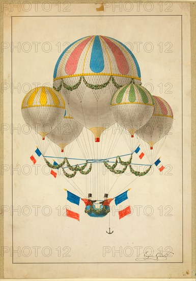 Drawing shows balloon carrying two men, possibly associated with French ballonist, Eugène Godard.