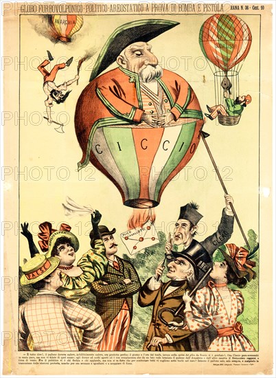 Globo furbovolponico-politico-areostatico a prova di bomba e pistola - Italian caricature of Italian statesman Francesco Crispi shown as a balloon Ciccio ca 1895