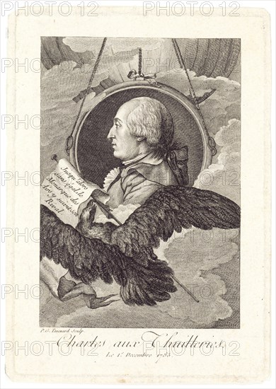 Head-and-shoulders profile portrait of French balloonist J.A.C. Charles, who made the first flight in a hydrogen balloon, Dec. 1, 1783.