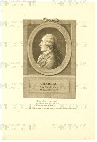 Head-and-shoulders profile portrait of French balloonist J.A.C. Charles, who made the first flight in a hydrogen balloon, Dec. 1, 1783