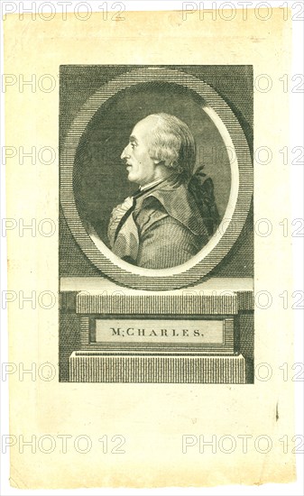 Head-and-shoulders profile portrait of French balloonist J.A.C. Charles, who made the first flight in a hydrogen balloon, Dec. 1, 1783