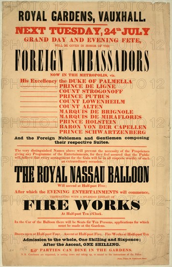 Text-only broadside announcing ascent of Charles Green's balloon The Royal Nassau at the Royal Gardens, Vauxhall, London. ca. 1838